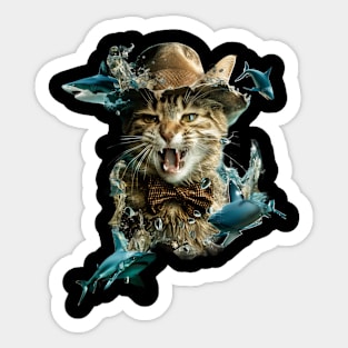 Cat Riding Shark Underwater Discovery Sticker